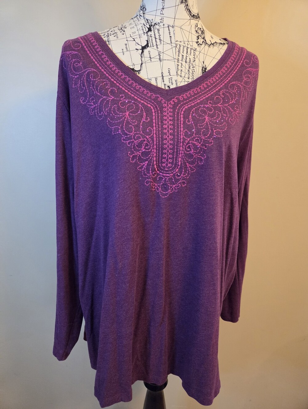 Catherines Womens 3X 26/28W Purple Embroidered Studded V Neck Long Sleeve Top